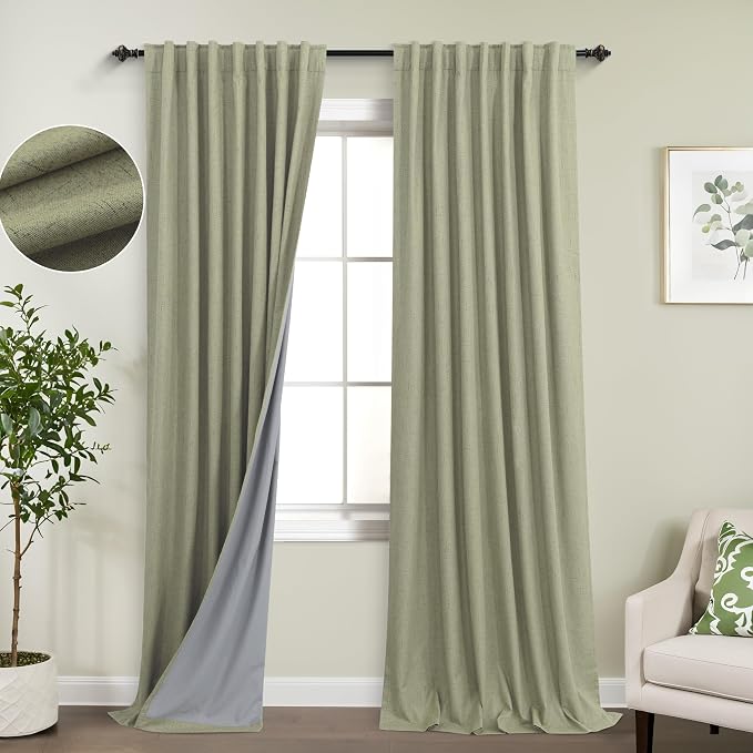 KOUFALL Sage Green Back Tab Linen Blackout Curtains 52x90 Inches Long