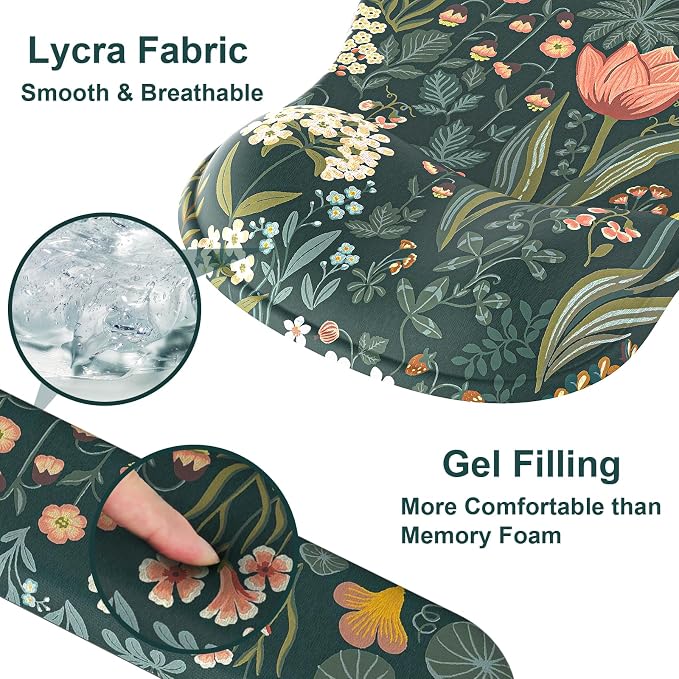 Ergonomic Mouse Pad with Wrist Rest and Keyboard Wrist Rest, Gel Mousepad and Wrist Rest for Computer Keyboard, Pain Relief, Non-Slip PU Base, Mouse Pad Wrist Support for Gaming, Office, Green Flower