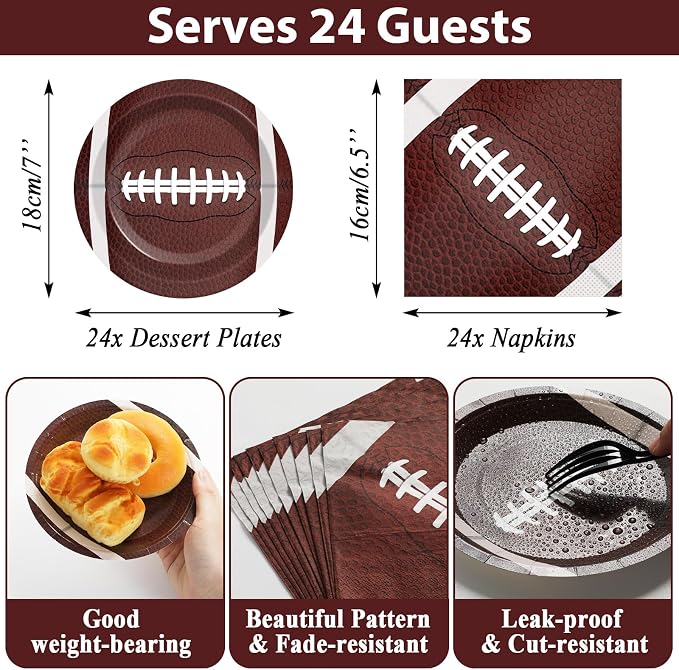 Football Party Supplies Serves 24 Football Party Paper Plates Napkins Set Sports Tablecloth Tableware Kit for Birthday Baby Shower Decorations Kids Boys Girls