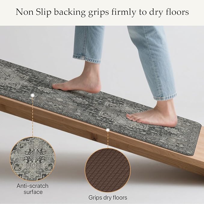 GENIMO Kitchen Mats for Floor 2PCs, Washable Anti Fatigue Mat for Cushioned, 17.3"x59"+17.3"x30", Waterproof Kitchen Rugs, Non Slip Comfort Standing Mat Rug for Home, Sink, Laundry, Dark Gray