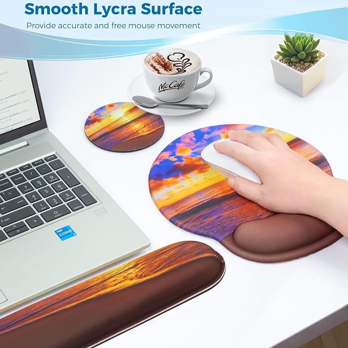 Mouse Pad and Keyboard Wrist Rest Support, with Non-Slip PU Base,Gel Mouse Pad with Coaster,Pain Relief for Gaming, Computer,Office -Sunset Beach