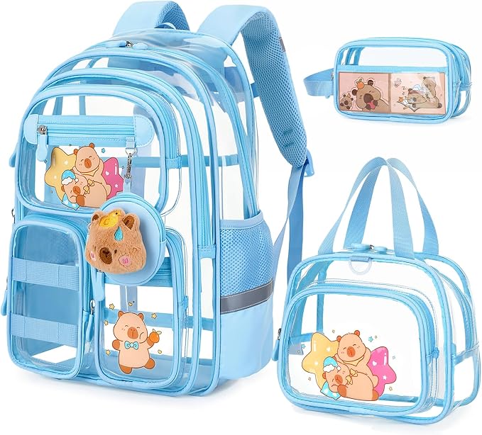 Capybara Theme Clear Backpack,Heavy Duty Transparent Backpack for Girls with Lunch Box Pencil Case,See Through Bookbag for Kids Teens Elementary Middle High School Stadium Approved