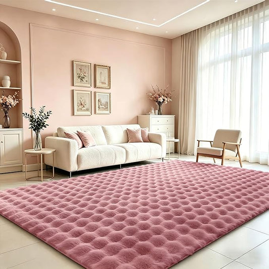 Dusty Rose Rabbit Plush Rug 6'x9', Fluffy Faux Fur Shaggy Area Rug for Nursery, Kids Room Decor, Soft Fuzzy Carpet for Living Room, Bedroom, Teen Girls Room