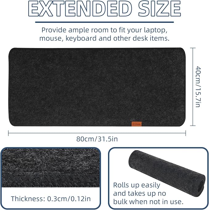 Large Felt Desk Protective Pad, 80X40cm/32''X16'' Non-Slip Felt Desk Mat Extended Gaming Mouse Pad Large Desk Pad Protector for Keyboard, Computer, Mouse, Laptop (Dark Grey)