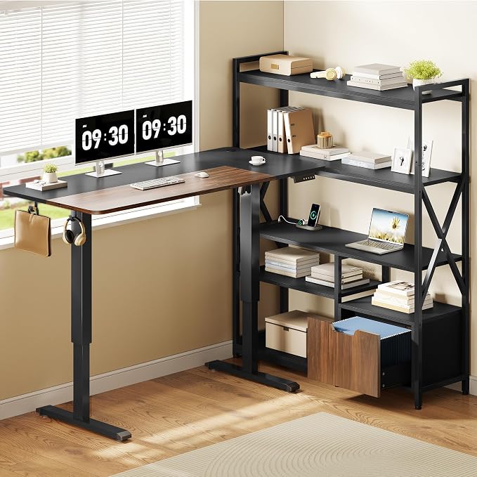 77.8 Inches L Shaped Standing Desk Corner Desk with Hutch Electric Height Adjustable Desk with Storage Shelves File Drawer Power Outlets Reversible Computer Gaming Desk for Home Office Black