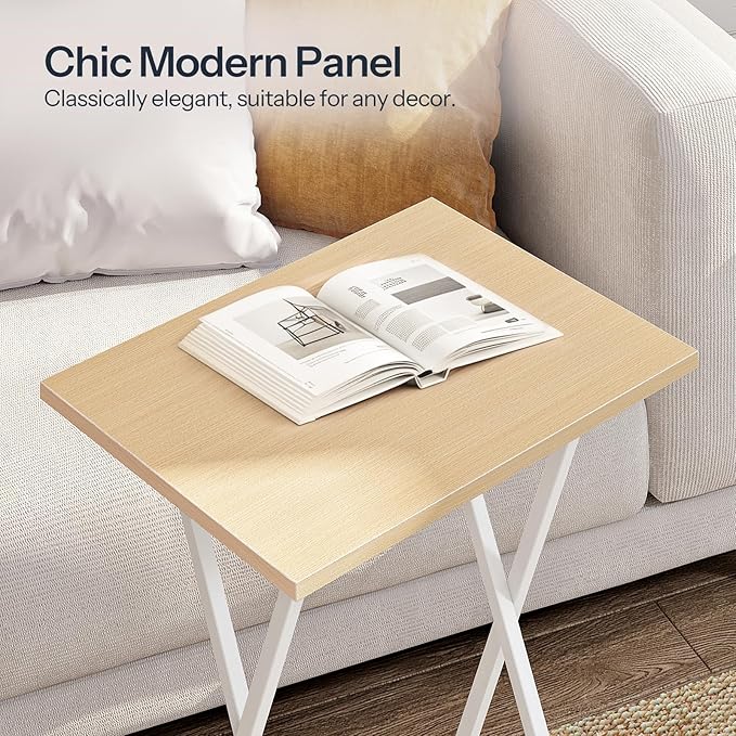 HOOBRO Folding TV Tray Tables, Set of 2 Side Table for Small Space, Industrial Snack Tables for Eating at Couch, Stable Metal Frame, Easy Assembly, Space Saving, Natural and White WN25BZ01