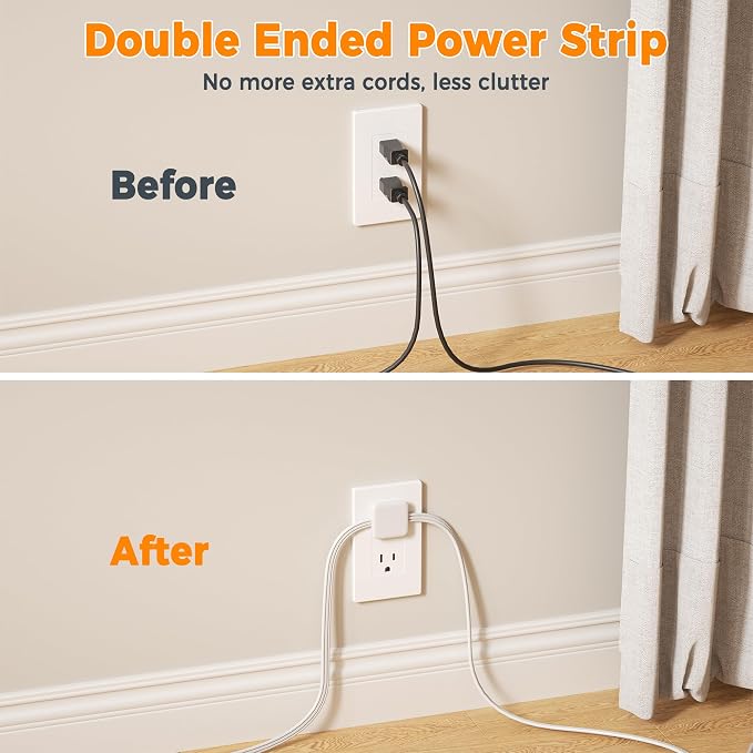 TESSAN Double Ended Flat Plug Power Strip, Twin Extension Cord 12 FT, 3 Non Blocking Outlets 6ft Power Splitter on Each Side, Dual Split Surge Protector Outlet Extension for Home Office Dorm Room
