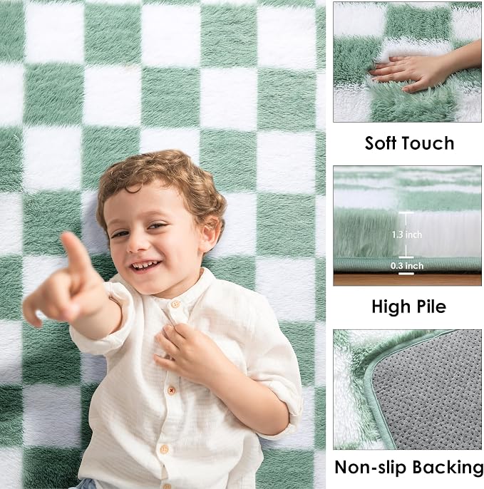 KICMOR 4x6 Rug for Bedroom Living Room, Fluffy Sage Green and White Checkered Area Rugs, Fuzzy Shag Shaggy Floor Carpet Soft Plush Checkerboard Rug for Children Kids Boys Room, Nursery, Classroom