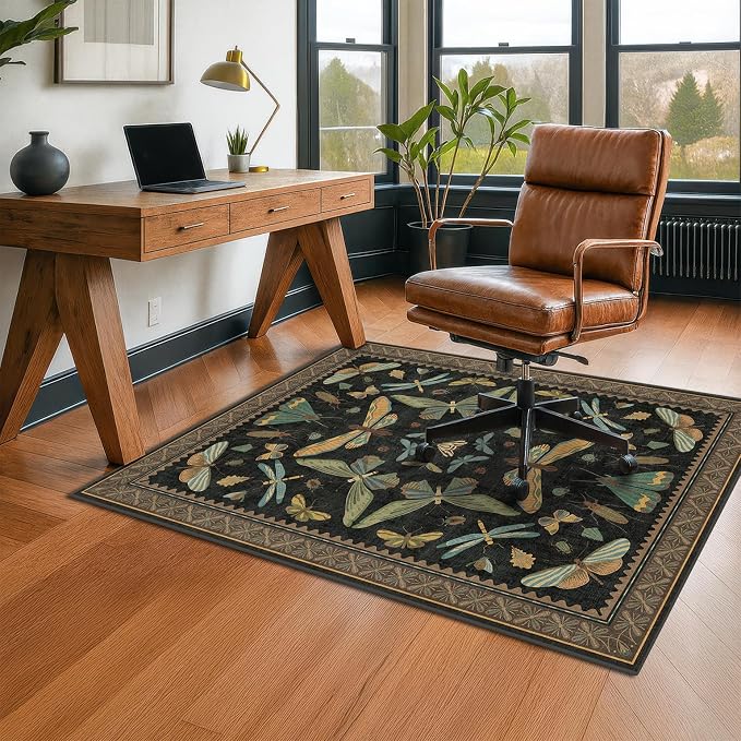 3'x4' Black Office Chair Mat for Hardwood Floors, Insect Boho Design,Non-Slip Low Pile Desk Rug, 36"x48" Small Area Rug for Computer Desk Home Office, Machine Washable WFH Essential for Dorm Room