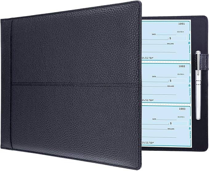 Antner 7 Ring Business Checkbook Binder for Business Checks, 600 Checks Capacity, PU Leather Check Book Binder Cover with Zipper Pouch, Executive Organizer Portfolio Holder for 9x13 Inch Sheets, Black