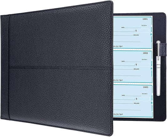 Antner 7 Ring Business Checkbook Binder for Business Checks, 600 Checks Capacity, PU Leather Check Book Binder Cover with Zipper Pouch, Executive Organizer Portfolio Holder for 9x13 Inch Sheets, Black