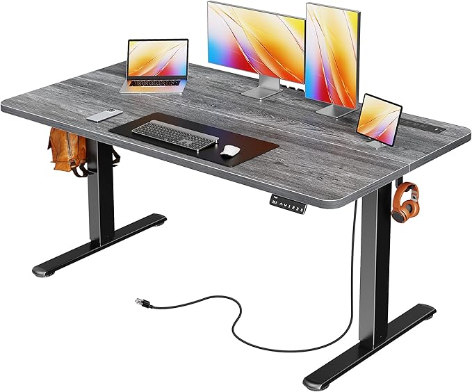 Huuger Electric Standing Desk with Power Outlets and USB-C Port, 55 X 24 Inch Height Adjustable Desk, Sit Stand Desk for Home Office, Computer & Gaming Desk with 4 Presets, Stable Steel Frame, Grey