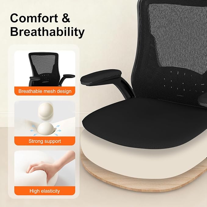 Ergonomic Office Chair – Comfy Mesh Desk Chair with Flip-Up Armrests & Smooth-Rolling Caster, Adjustable Height Home Computer Chair, Breathable & Supportive for Long Hours Sitting