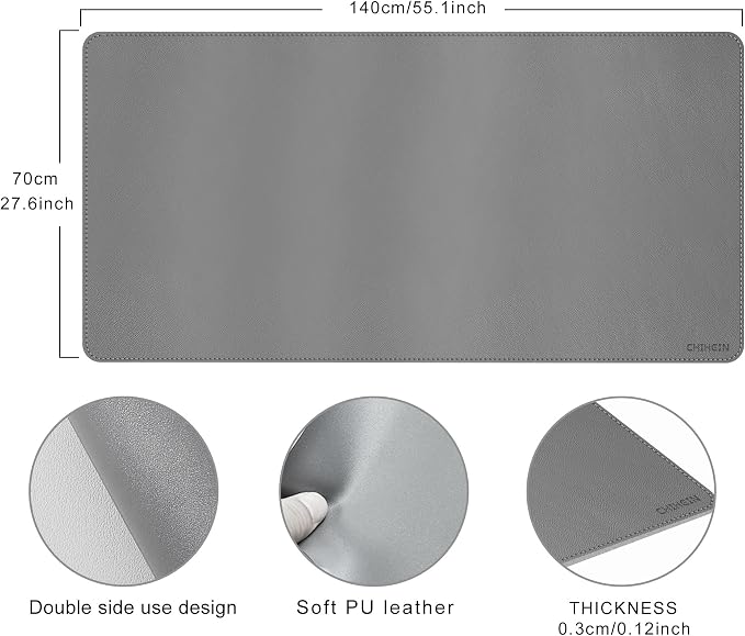 Chihein 55" x 28" 4XL PU Leather Desk Mat, Huge Mouse Pad, Dual Sided Desk Pad Protector, Waterproof Writing Blotter for Gaming/Office/Home (Gray/White)