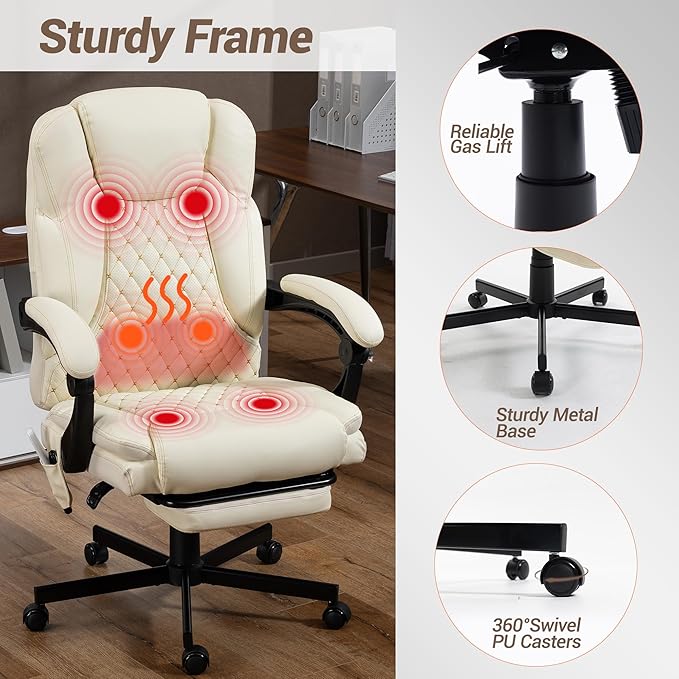 Heated Massage Executive Office Desk Chair with Footrest - Beige | 6 Points Vibration Massage System, 5 Massage Modes, 3 Target Areas (Back,Lumbar,Seat), Reclining 90°-135°
