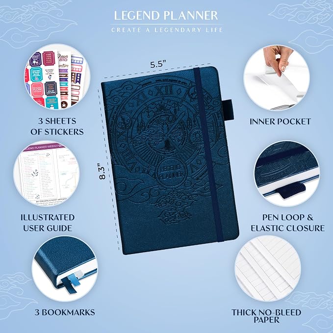 Legend Undated Weekly Planner – Goal Planner Journal & Organizer Notebook – Agenda Book with Monthly Calendar & To-Do List, A5 (Mystic Blue)