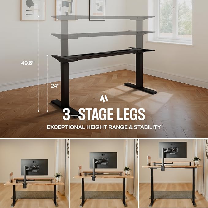 COREMINDED Dual Motor Standing Desk Frame – Heavy Duty, Powerful, 3 Stages Electric Height Adjustable Stand Up Desk Frame for Workstations with LCD Controller & Extras (Black)
