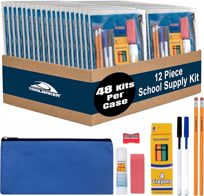 Trail maker (48 Pack) Bulk School Supply Kits for Kids – 12 Pieces Per Kit, Individually Packaged Pencil Case Sets with Classroom Supplies | Kindergarten–K-6 Back to School & Donation Ready