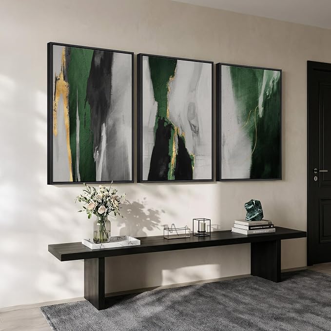Large Framed Green Abstract Wall Art for Living Room, 3 Piece Modern Canvas Prints Paintings Artwork for Walls, Green Black Gold Abstract Pictures for Hallway Dining Bedroom Office Wall Decor 24x36 In