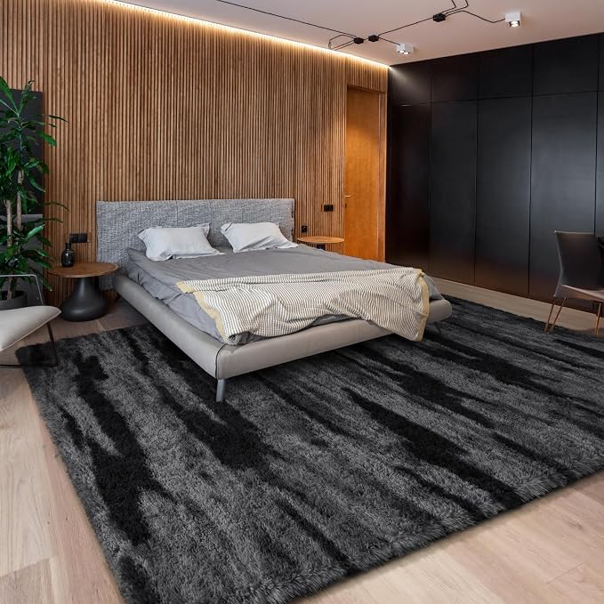 HOMORE 8x10 Area Rug for Living Room, Black and Grey Fluffy Furry Shaggy Rugs for Bedroom, Super Soft and Comfy Carpet for Kids Room, Cute Carpets for Nursery Girls Home Decor