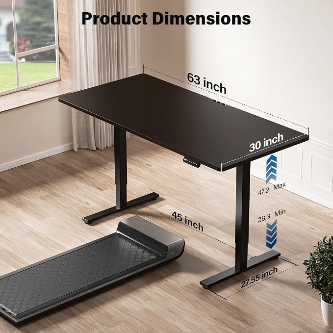 Electric Standing Desk, 63 x 30 Inch, Classic Black | Extra Large Desktop, Adjustable Height, Sit to Stand, Home Office Workstation, Supports Dual & Triple Monitor