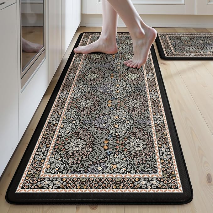 Collive Kitchen Mats for Floor, Cushioned Anti Fatigue Mat Floral Rugs 2 Piece Non Skid Waterproof Sink Rug, Memory Foam Comfort Standing Mat for Office, Laundry, Desk, Black/Mulit