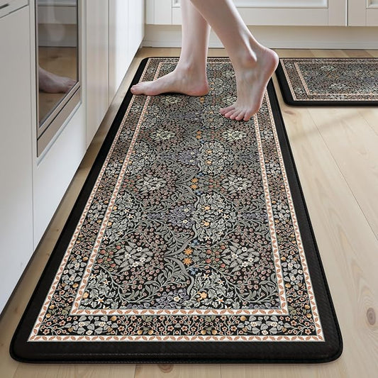 Collive Kitchen Mats for Floor, Cushioned Anti Fatigue Mat Floral Rugs 2 Piece Non Skid Waterproof Sink Rug, Memory Foam Comfort Standing Mat for Office, Laundry, Desk, Black/Mulit