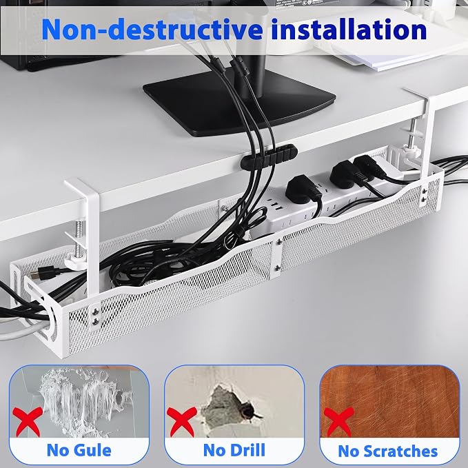 Under Desk Cable Management Box 25.3 Inch – Clamp-Mounted Cable Organizer Tray, Large Cord Management Box for Office & Home, Wire Organizer Under Desk Storage, White
