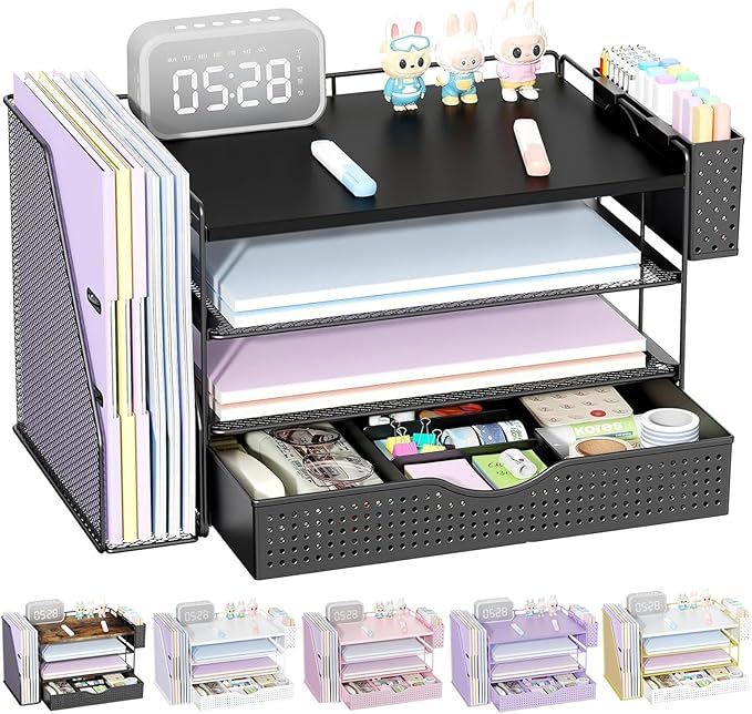 gianotter Wood Desk Organizers and Accessories with File Holder, 4-Tier Desk Accessories & Workspace Organizers with Drawer and Pen Holder, Desk Reference Organizer (Black, 4T with Drawer)