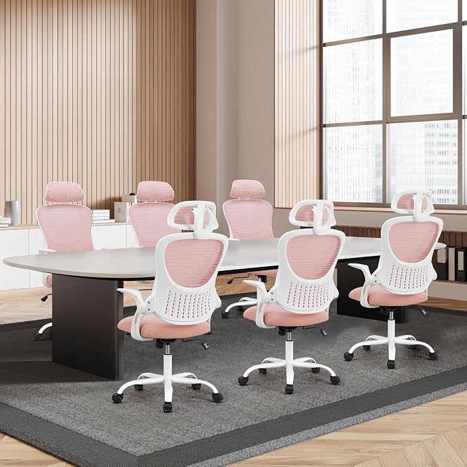 DUMOS Ergonomic Office Chair – High Back Mesh Computer Chair with Lumbar Support, Headrest, Flip-up Arms, and Swivel Wheels – Comfortable Gaming & Desk Chair for Home Bedroom Office,Pink