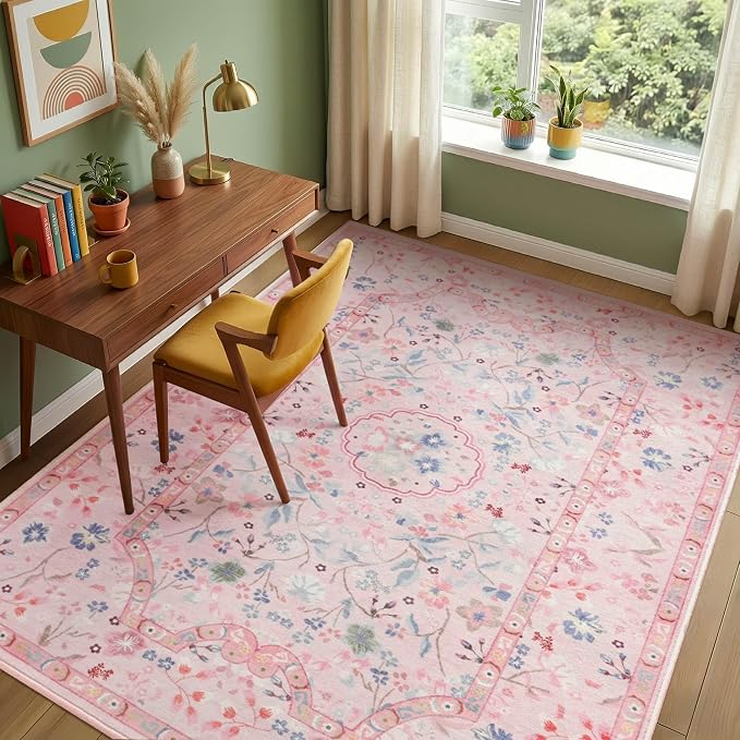 3x5 Area Rugs for Bedroom, Pink Machine Washable Rug, Non-Slip Low Pile Throw Rugs with Rubber Backing Printed Vintage Floral Carpet for Living Room Dining Room Kitchen Home Decor