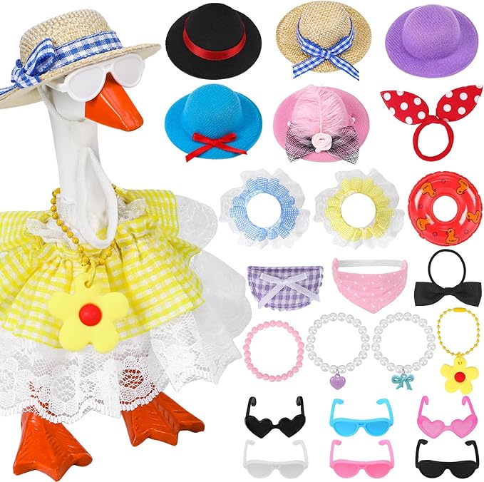 6 Sets Mini Desk Goose Outfits 7 Inches Mini Desk Goose Clothes with Cute Felt Hat Necklace Dresses and Sunglasses for Magnetic Porch Geese Key Holder Decor Gifts