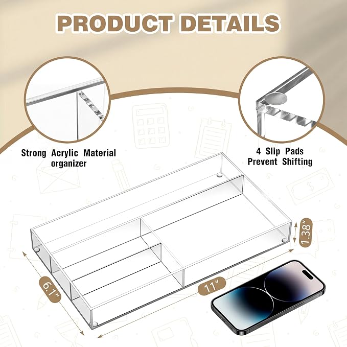 Briwooody Clear Acrylic Drawer Organizer,4 Compartments,Small | 11 x 6.1 x 1.38 Inch Desk Storage Tray Organizer for Pen, Stationery, Desktop, Office, Bathroom, Kitchen, Makeup Supplies