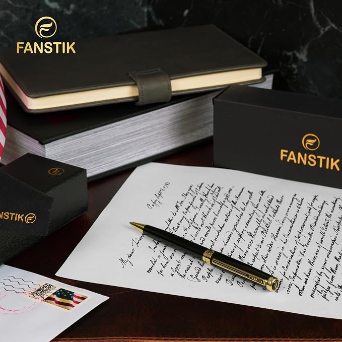 FANSTIK Customized Black & Gold Luxury ballpoint pen, fancy gift set for women, Real 24K Gold Plating, Professional executive pen gift set for men (Lux Custom-BallPoint Black-Gold)