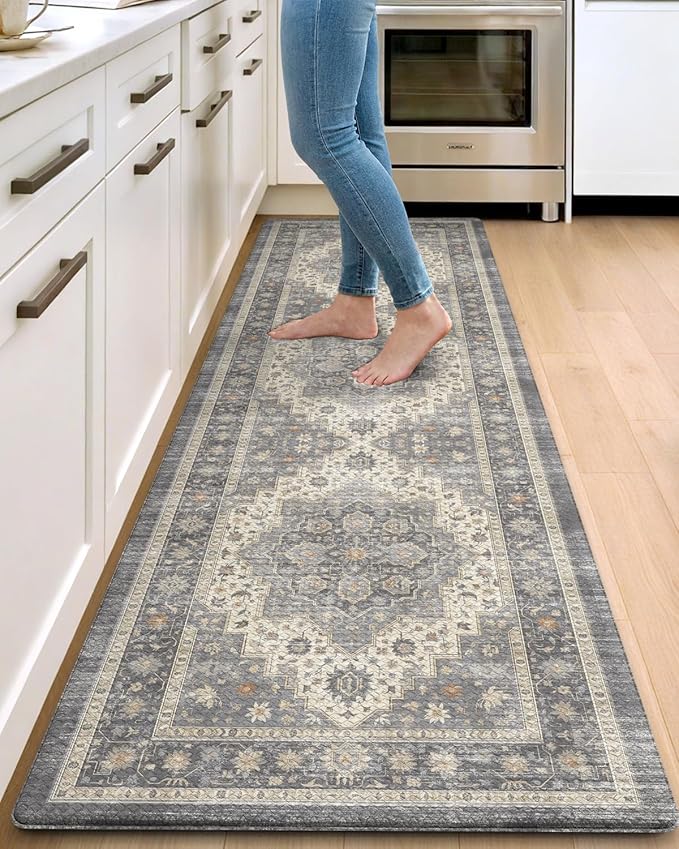 DEXI Kitchen Floor Mats Anti Fatigue, 23x86 Large Long Cushioned Vintage Runner Rug Waterproof, Standing Comfort Memory Foam Padded for Front Sink Laundry Office, Pale Grey