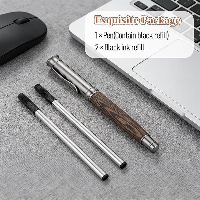 ElevateTech Wood Rollerball Pen Set with 2 Ink Black Refills | Fancy Writing Pen Luxury Executive Writing Instrument Office, Birthday Gift for Women & Men Cool Wooden Pens, Brown