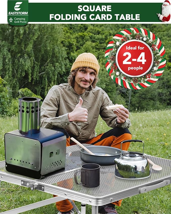 Square Folding Card Table with Adjustable Height (12" & 26"), Silver Portable Metal Mesh Table for Camping, BBQ, Picnic, Game, Patio & Indoor Use, Fits 2–4 People, Lightweight 7.6 lb, Supports 66 lb