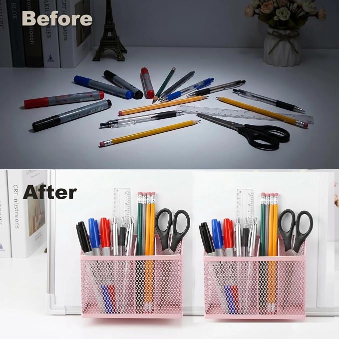 Neudeco Magnetic Pen Holder-Strong Magnet Mesh Storage Basket for Refrigerator, Kitchen, Locker-Magnetic Marker Holder on whiteboard for Dry Erase Markers for school, office, Pack 2 (Pink)