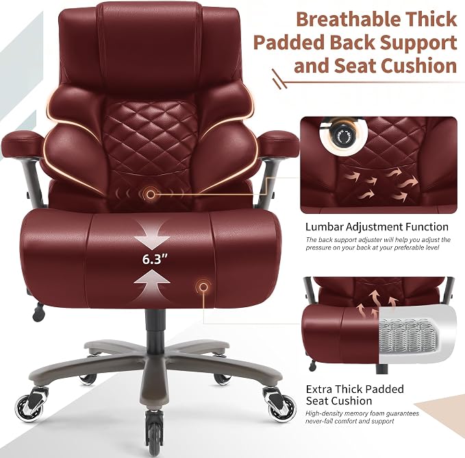 VUZI 700lbs Big and Tall Office Chair, Large Executive Leather Desk Chair | Adjustable Lumbar Support for Back Pain, Plus Size Wheels, 3D Flip Arms, Heavy Duty Metal Base, Wide Seat Computer Chair