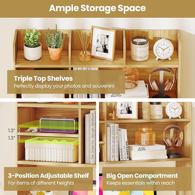 Tangkula Desktop Bookshelf for Computer Up to 32”, 37” Countertop Storage Hutch with 6 Storage Shelves, 3-Tier Desktop Organizer Display Rack, Wooden Desk Hutch for Dorm Home Office (Burlywood)