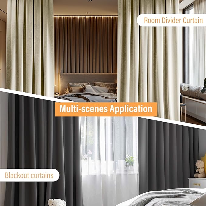 MaKefeile Room Divider Curtains with Flexible Ceiling Curtain Tracks Set,100% Blackout Floor to Ceiling Curtains Patio Sliding Door Curtains (Grey Drape & Black Rail W 15 × H 9 FT)