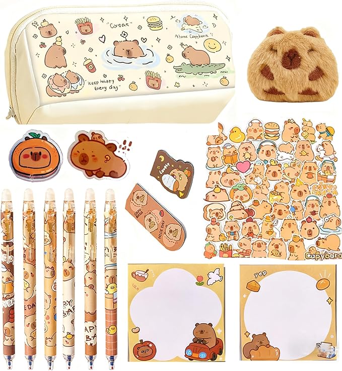 Cute Stationery Set for Girls, Capybara Stationery Set with Pencil Case, Kawaii School Supplies Kit with Pens Stickers Memo Notes, Aesthetic Desk Accessories, Back to School Gift for Kids Teens