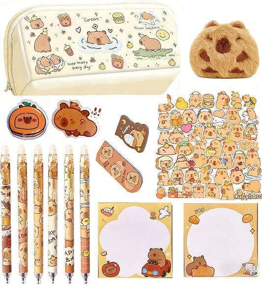 Cute Stationery Set for Girls, Capybara Stationery Set with Pencil Case, Kawaii School Supplies Kit with Pens Stickers Memo Notes, Aesthetic Desk Accessories, Back to School Gift for Kids Teens