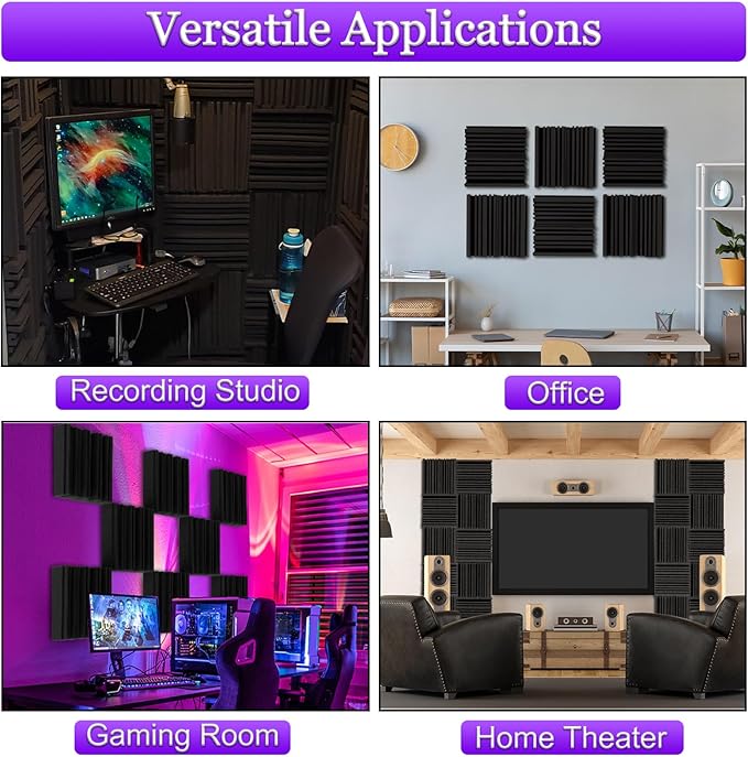 TroyStudio Thick Acoustic Foam Panels, 12 X 12 X 2 Inches 6 Pcs Broadband Sound Absorbing Foam, Dense Soundproof Padding Tile, Recording Studio Foam Absorber, Groove Decorative 3D Wall Ceiling Panel