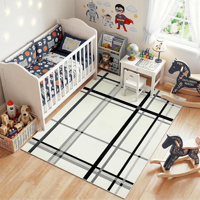 Terrug Plaid Area Rug for Bedroom, Beige 4x6 Checkered Rugs Washable with Non Slip for Living Room, Soft Low Pile Stain Resistance Abstract Carpet for Kids Room