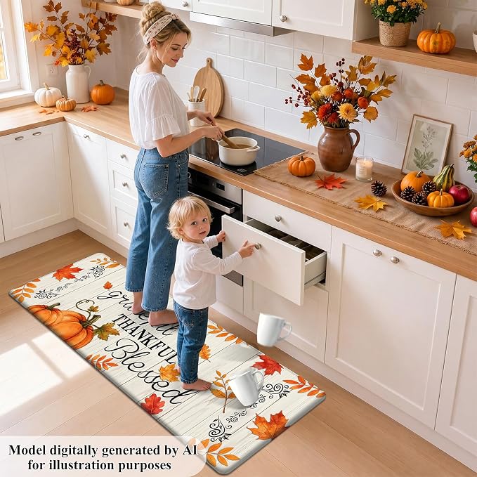HEBE Fall Kitchen Mat Set of 2, Anti Fatigue Pumpkin Kitchen Mats for Floor | Cushioned Non Slip Autumn Kitchen Rugs and Runner Set, Waterproof Maple Leaf Floor Carpet for Harvest Thanksgiving