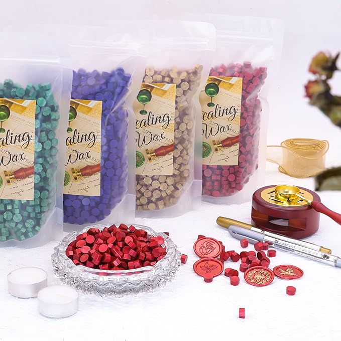 SWANGSA Sealing Wax Kit, 1450pcs Sealing Wax Beads Metallic Red, Wax Seal Warmer, Wax Spoon, Gold Wax Seal Pen and Tealight Candles for Wax Stamp Letter Sealing