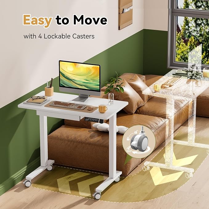 Gibbon Mounts 35” Rolling Standing Desk with Drawer & Wheels, White | 18mm One-piece Electric Height Adjustable Desk with Cable Clip on Lockable Wheels, Small Mobile Rising Laptop Workstation