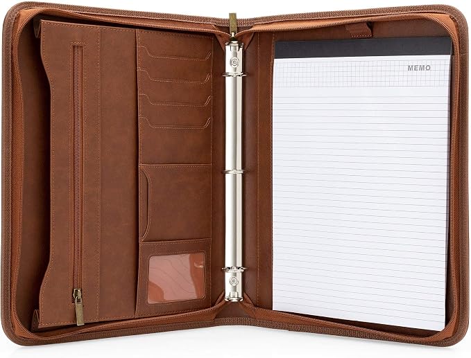 Forevermore Portfolios Portfolio Organizer - 3 Ring Binder with Notepad - 1.5 Inch Rings - Zippered Storage Pockets for Papers, Travel Documents, Presentation Folder, Cards, Passport, Tickets - Brown