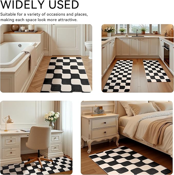 Black Beige Retro Curvy Checkered Grid Checkerboard Kitchen Rug Sets [2 PCs], Anti-Fatigue, Waterproof Non-Slip Kitchen Mats Heavy Duty Comfort Foam Rug for Floor, Home, Laundry,17"x29"+17"x47"